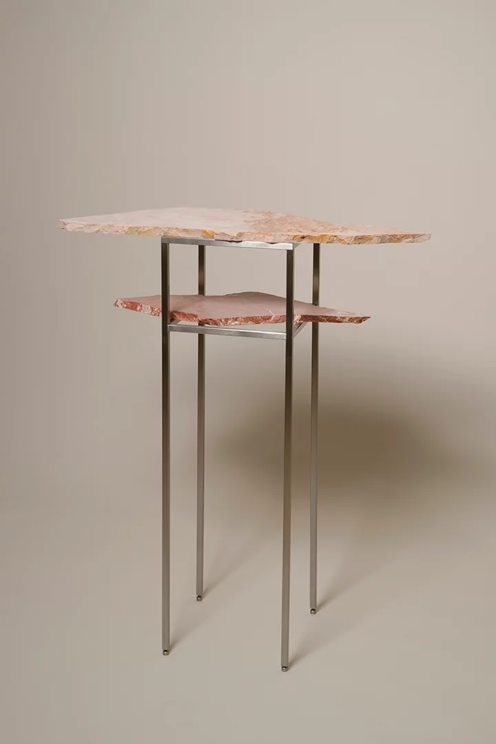 Unique, Custom-Made Contemporary Design Stainless Steel and Stone Side Table, with a one of a kind limestone top. Contemporary Collectible Design