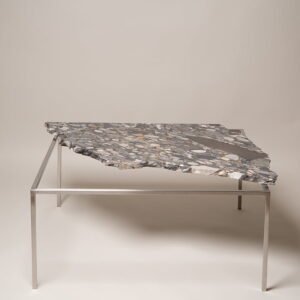 Unique, Custom-Made Contemporary Design Stainless Steel and Stone Table, with a one of a kind metamorphic stone. Contemporary Collectible Design