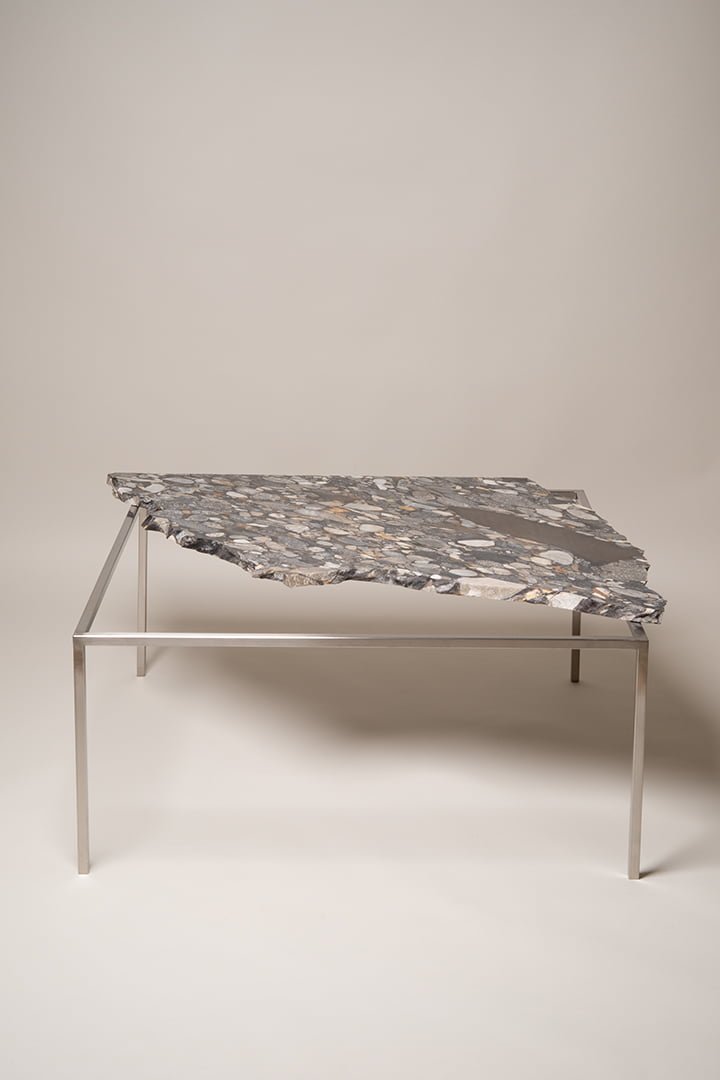 Unique, Custom-Made Contemporary Design Stainless Steel and Stone Table, with a one of a kind metamorphic stone. Contemporary Collectible Design