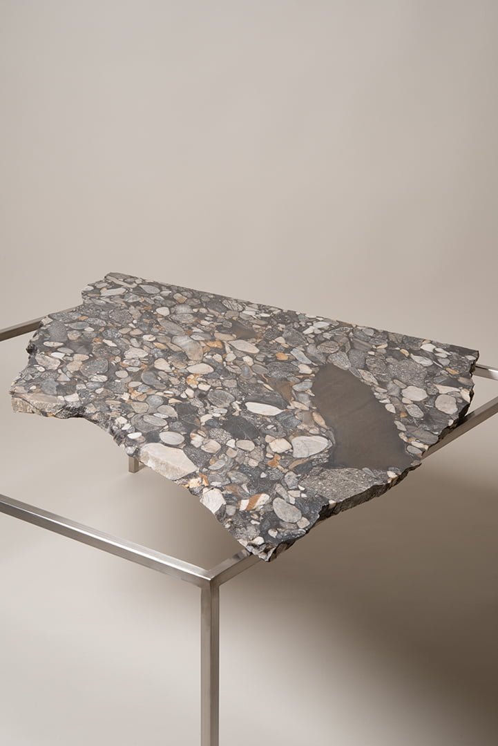 Unique, Custom-Made Contemporary Design Stainless Steel and Stone Table, with a one of a kind metamorphic stone. Contemporary Collectible Design