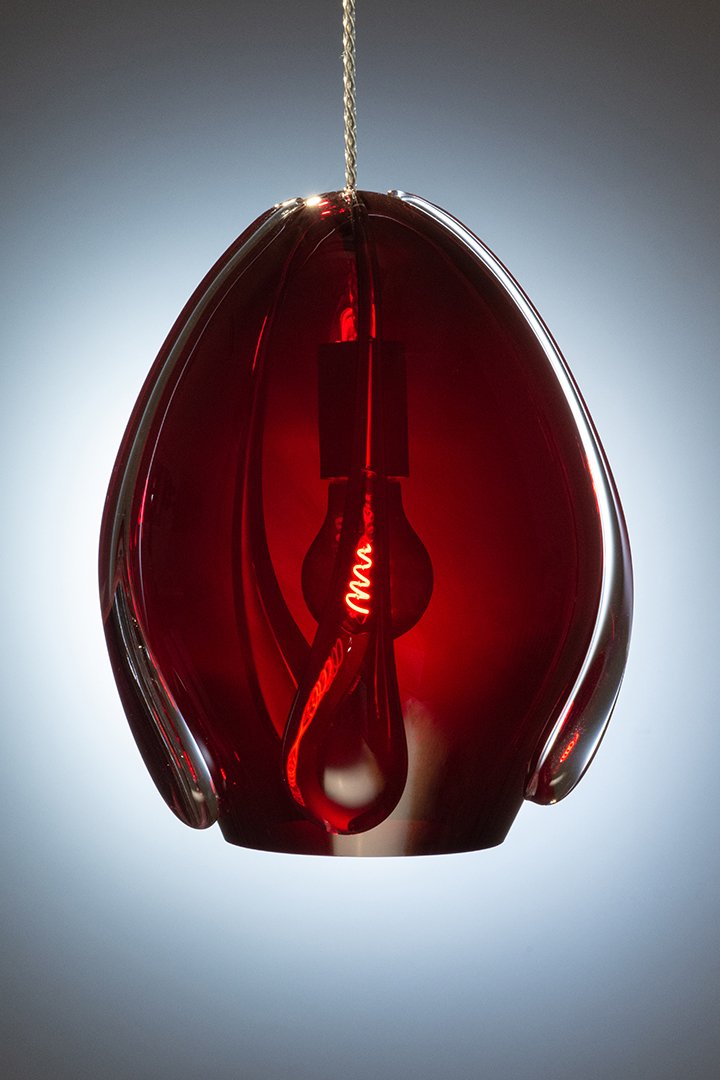 Unique Contemporary Hand-Made Mouth Blown Glass Pendant Light in Dark Red Ruby Colored Glass