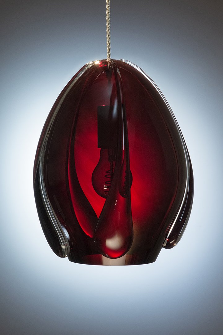 Unique Contemporary Hand-Made Mouth Blown Glass Pendant Light in Dark Red Ruby Colored Glass