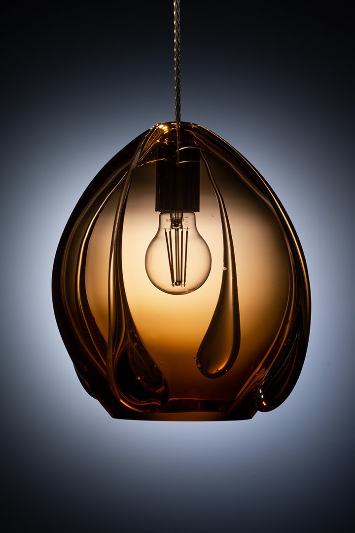 Unique Contemporary Hand-Made Mouth Blown Glass Pendant Light in Orange Opal Colored Glass