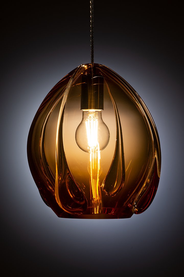 Unique Contemporary Hand-Made Mouth Blown Glass Pendant Light in Orange Opal Colored Glass