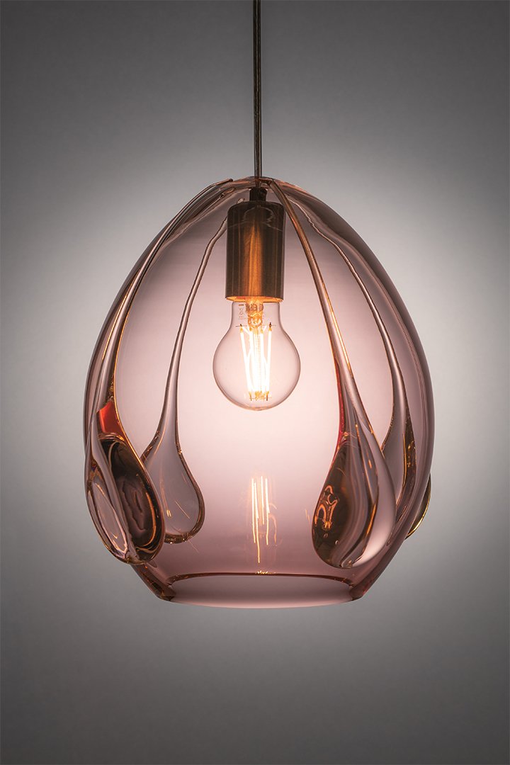 Unique Contemporary Hand-Made Mouth Blown Glass Pendant Light in Rose Pink Colored Glass