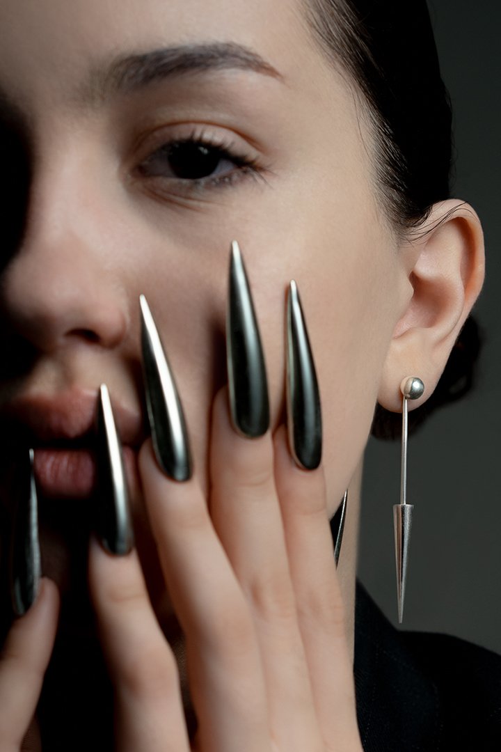 Unique Custom Made Hand Crafted Contemporary Design Sterling Silver & Pearl Spike Earrings Contemporary Design Sterling Silver & Pearl Earrings