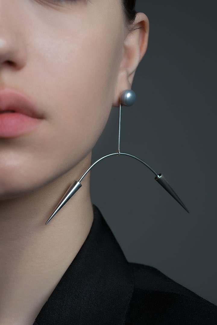 Unique Custom Made Hand Crafted Contemporary Design Sterling Silver & Pearl Spike Earrings