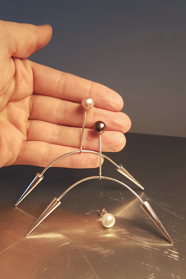 Unique Custom Made Hand Crafted Contemporary Design Sterling Silver & Pearl Earrings