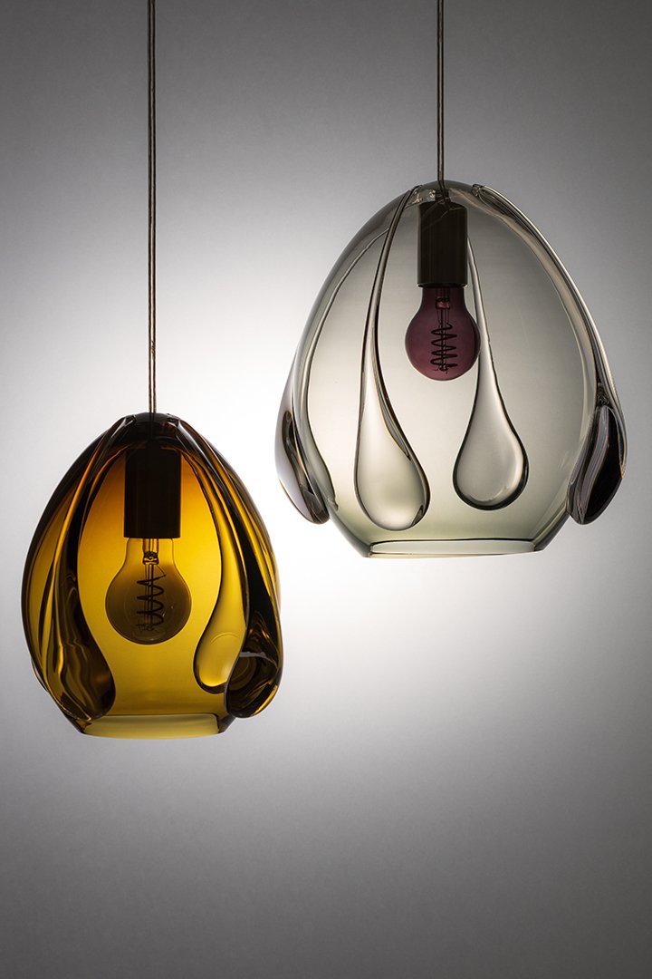 Unique Contemporary Hand-Made Mouth Blown Glass Pendant Light in Orange and Light Grey Colored Glass