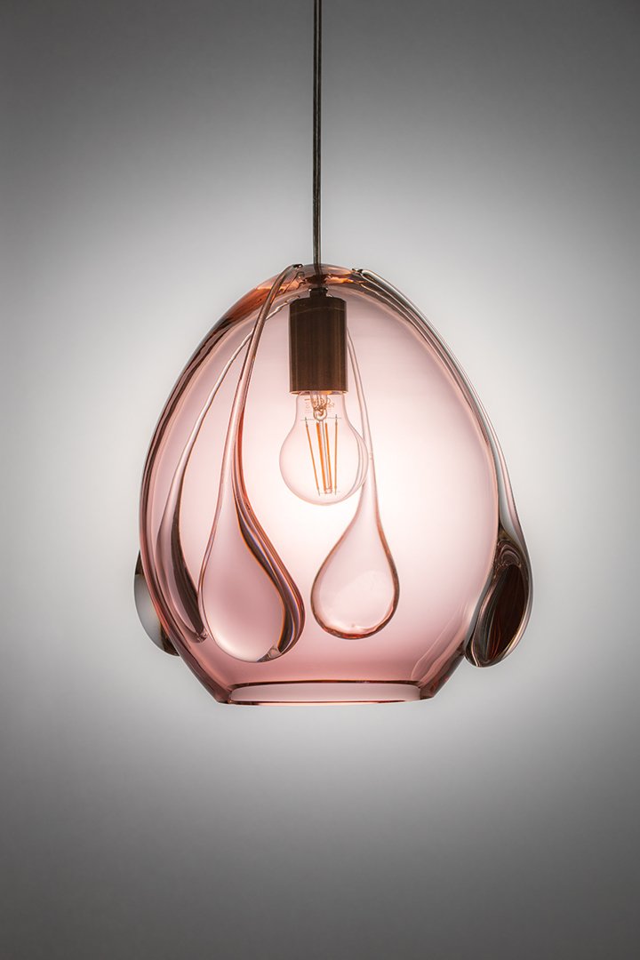 Hand-Made Mouth Blown Glass Pendant Light in Rose Pink Colored Glass