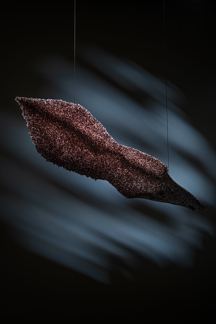 Hand made pate de verre glass lamp in brown color.