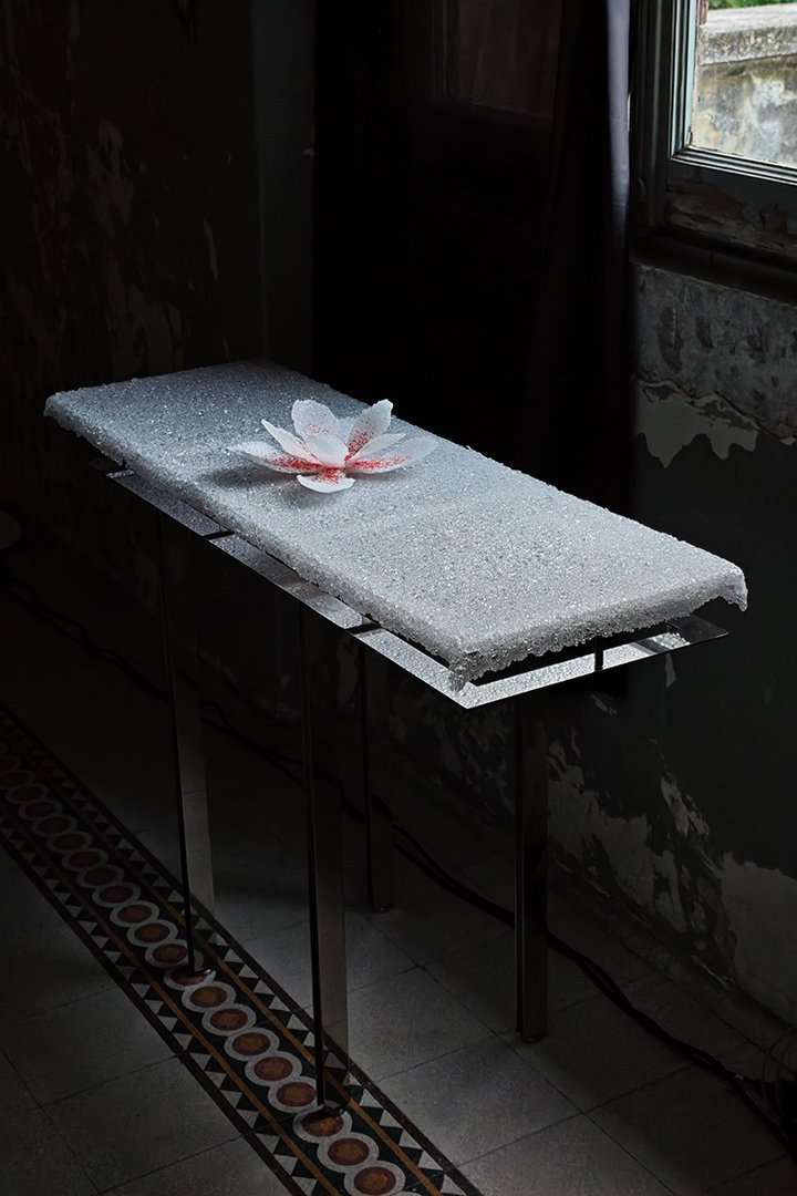 Side table in handmade white glass